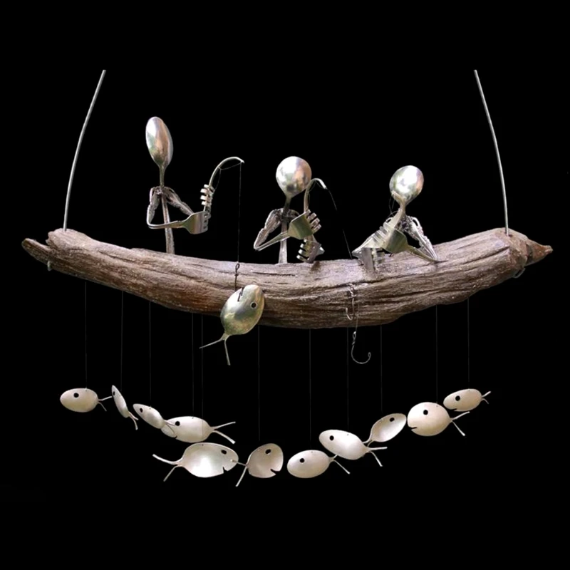 Angeln Mann Veterné Zvonkohry Löffel Fisch Skulpturen Windchime Krytý Vonkajší Domov Garten Dekoration Hängen Ornament Geschenke Obrázok 4