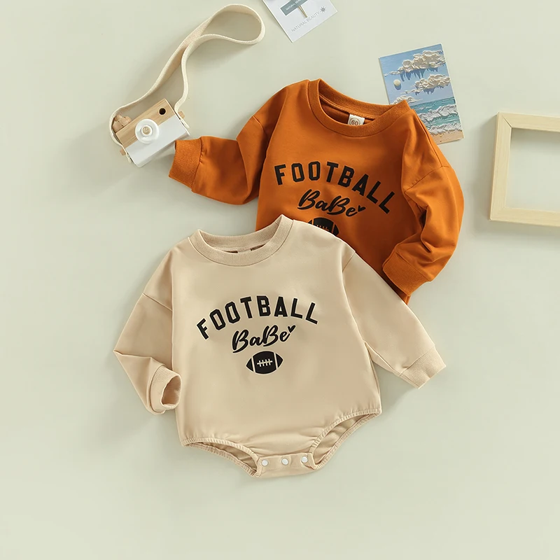 Baby Boy Dlhý Rukáv Romper Posádky Krku Písmená Futbal Tlače Patria Kombinézu pre Bežné Denné Detské Dojčenské Oblečenie Obrázok 0