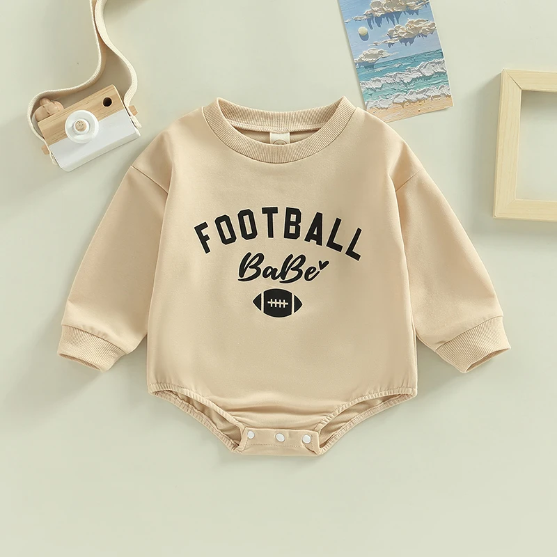 Baby Boy Dlhý Rukáv Romper Posádky Krku Písmená Futbal Tlače Patria Kombinézu pre Bežné Denné Detské Dojčenské Oblečenie Obrázok 1