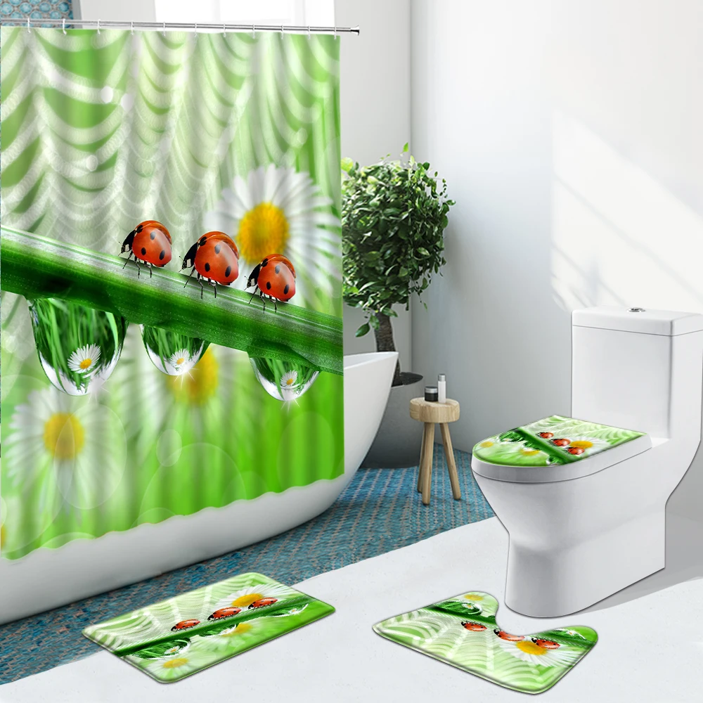Roztomilý Lienka Rodiny Textílie Sprchový Záves Non-Slip Vaňa Mat Wc Veko Krytu Koberce Zelená Cartoon Kúpeľňa Home Decor Set Umývateľný Obrázok 2